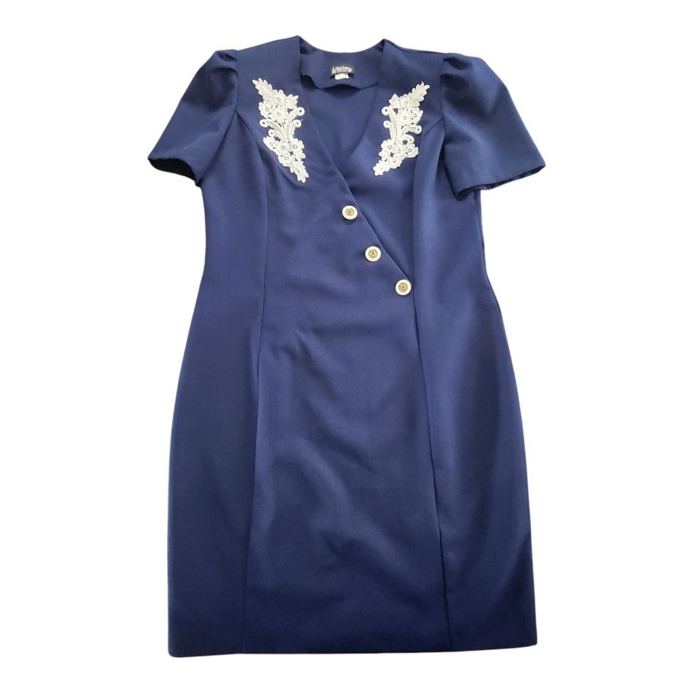 Vintage Whirlaway‎ Suit Dress Navy Blue Faux PEARL Button Up CLASSY Women's 16